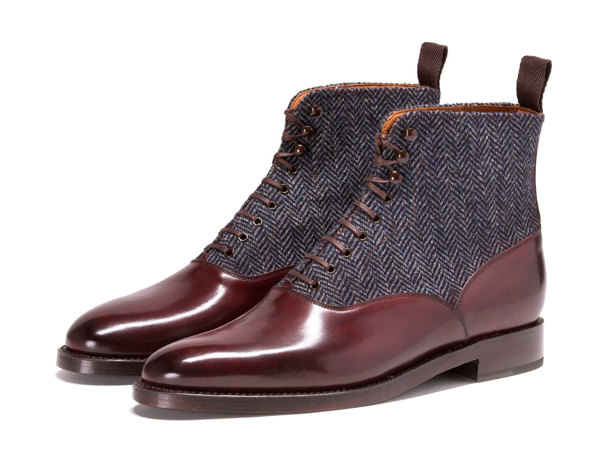 Wedgwood - MTO - Shaded Merlot Calf / Blue Tweed - TMG Last - Double Leather Sole-Made To Order Lace Laceup Balmoral Boot-J.FitzPatrick Footwear