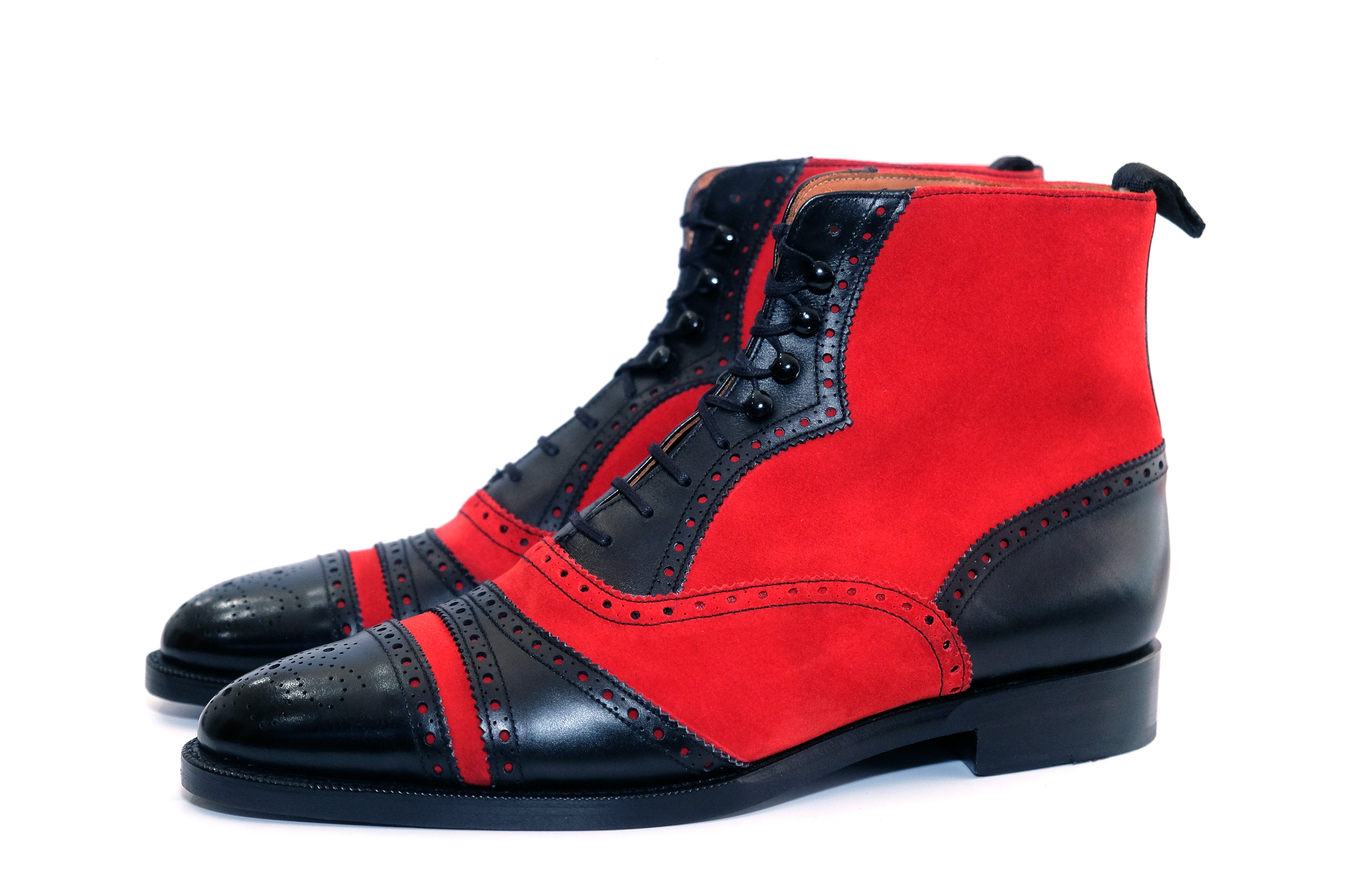 Whitman - MTO - Black Calf / Red Suede - TMG last - Double Leather Sole-Made To Order Cap Toe Tarsal Brogue Boot-J.FitzPatrick Footwear