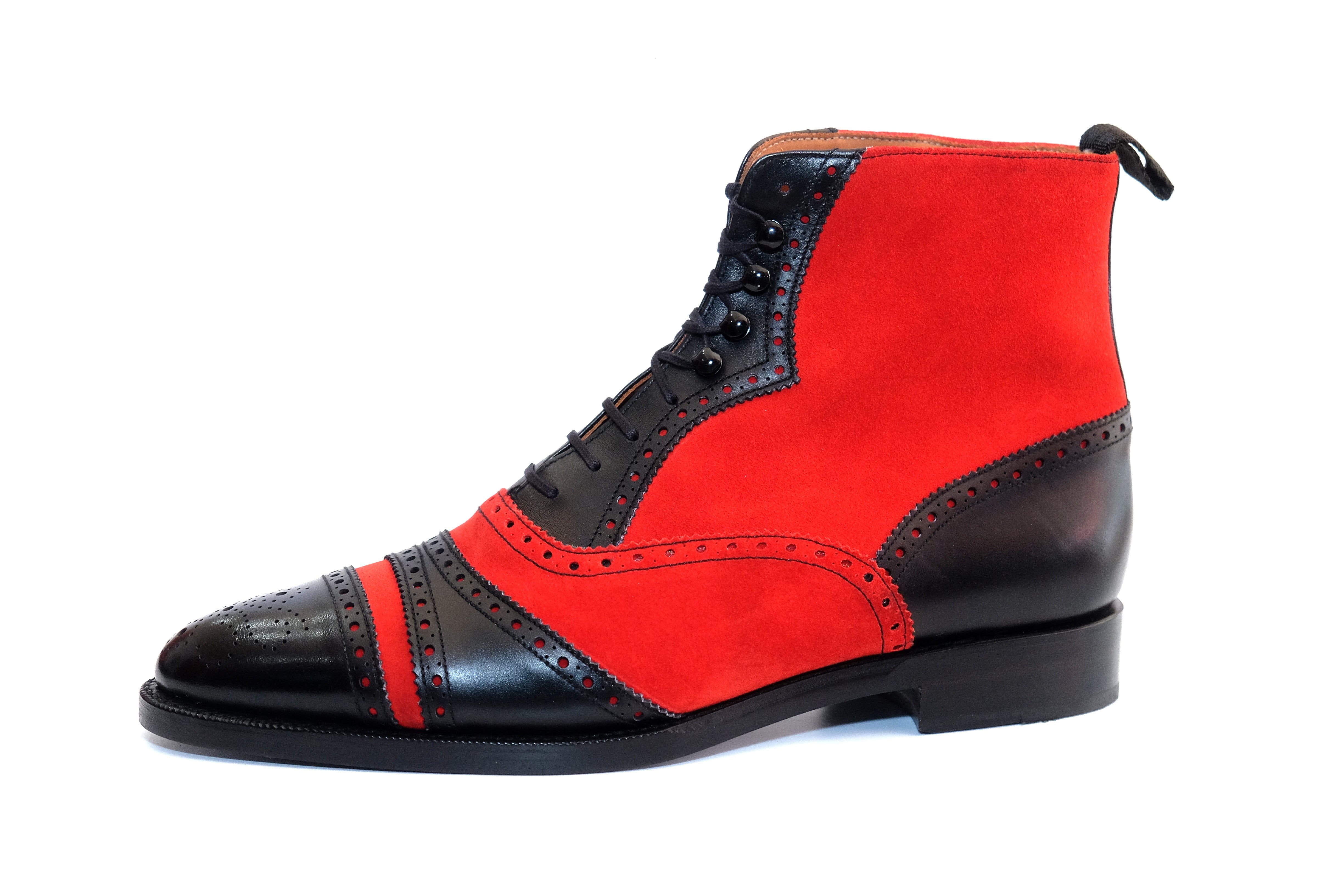 Whitman - MTO - Black Calf / Red Suede - TMG last - Double Leather Sole-Made To Order Cap Toe Tarsal Brogue Boot-J.FitzPatrick Footwear