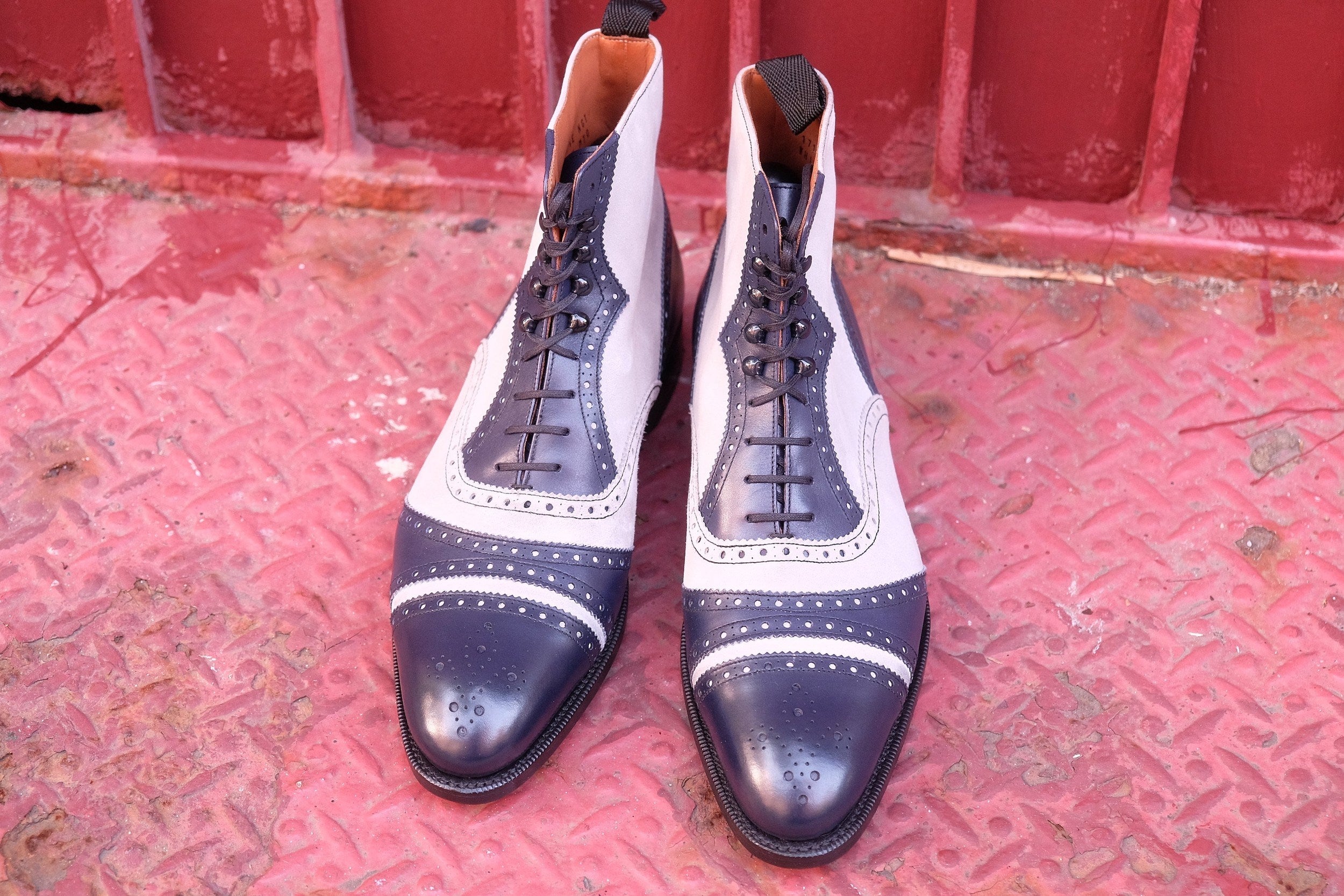 Whitman - MTO - Marine Blue Calf / Pearl Suede - NGT last - Single Leather Sole-Made To Order Cap Toe Tarsal Brogue Boot-J.FitzPatrick Footwear