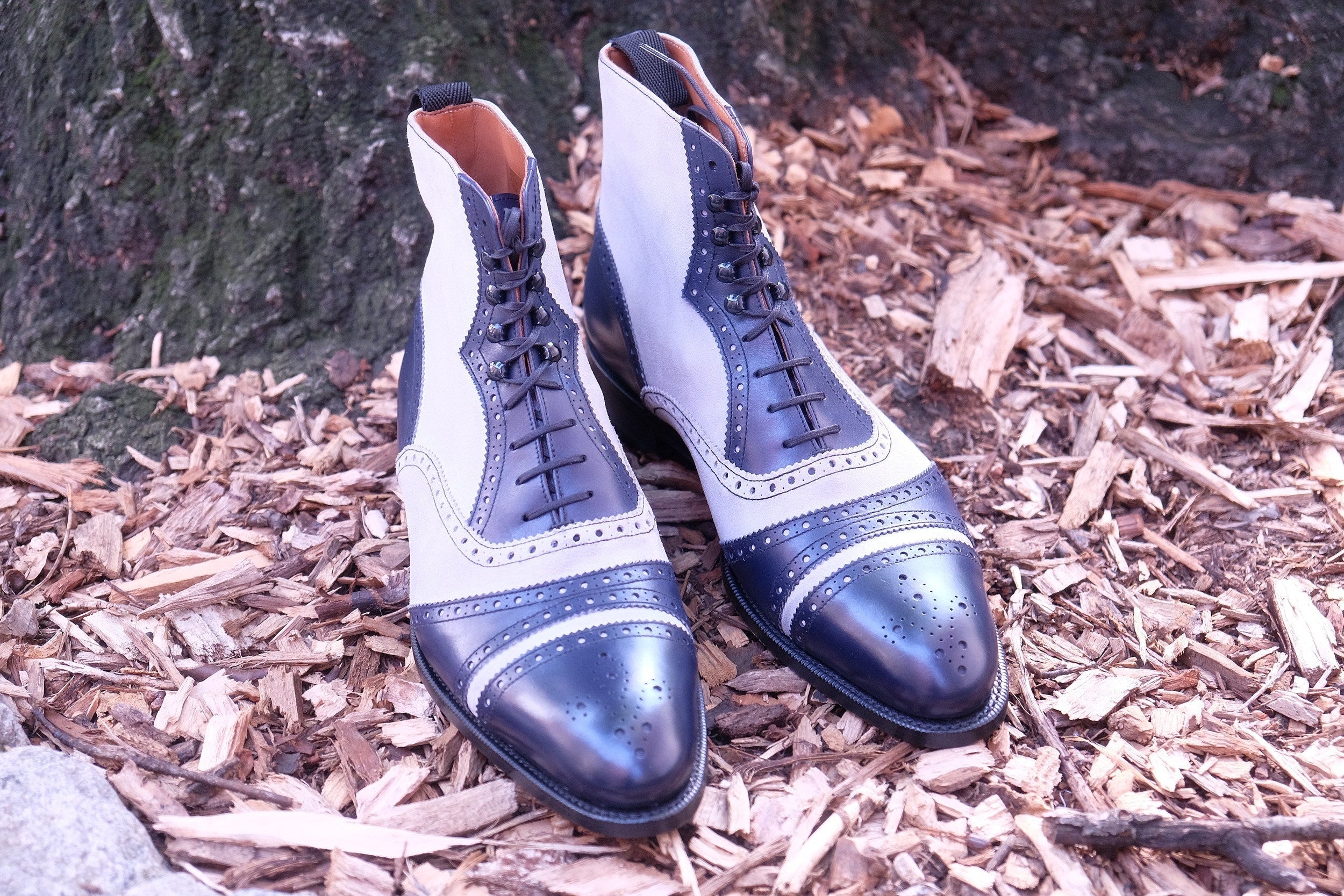 Whitman - MTO - Marine Blue Calf / Pearl Suede - NGT last - Single Leather Sole-Made To Order Cap Toe Tarsal Brogue Boot-J.FitzPatrick Footwear