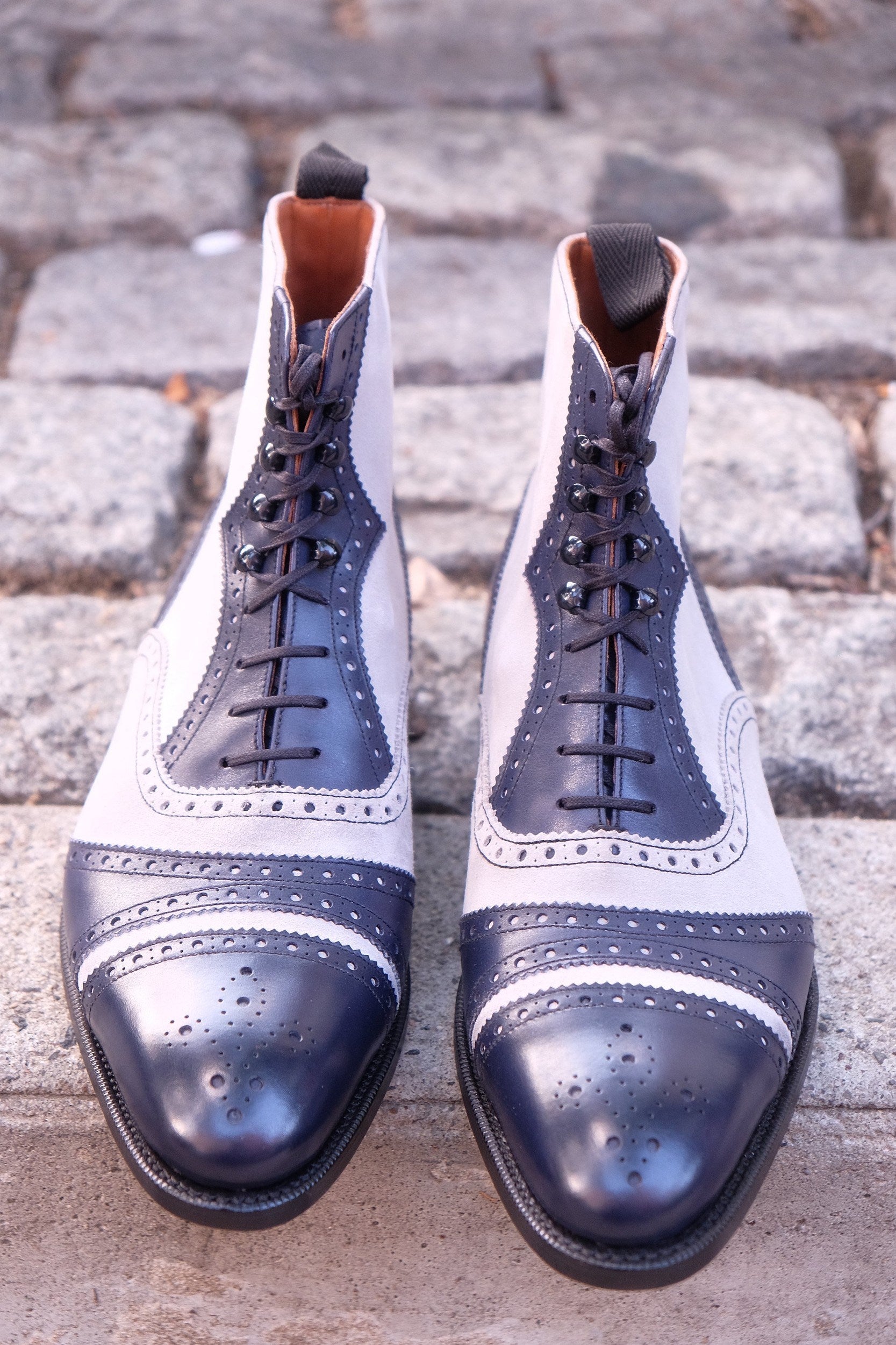 Whitman - MTO - Marine Blue Calf / Pearl Suede - NGT last - Single Leather Sole-Made To Order Cap Toe Tarsal Brogue Boot-J.FitzPatrick Footwear