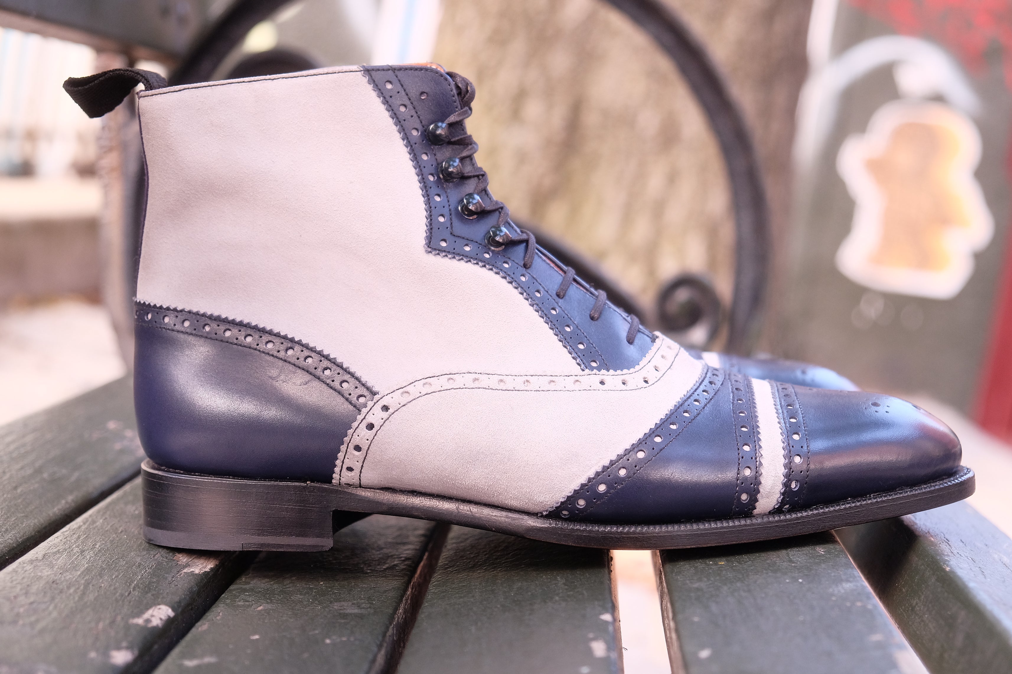 Whitman - MTO - Marine Blue Calf / Pearl Suede - NGT last - Single Leather Sole-Made To Order Cap Toe Tarsal Brogue Boot-J.FitzPatrick Footwear