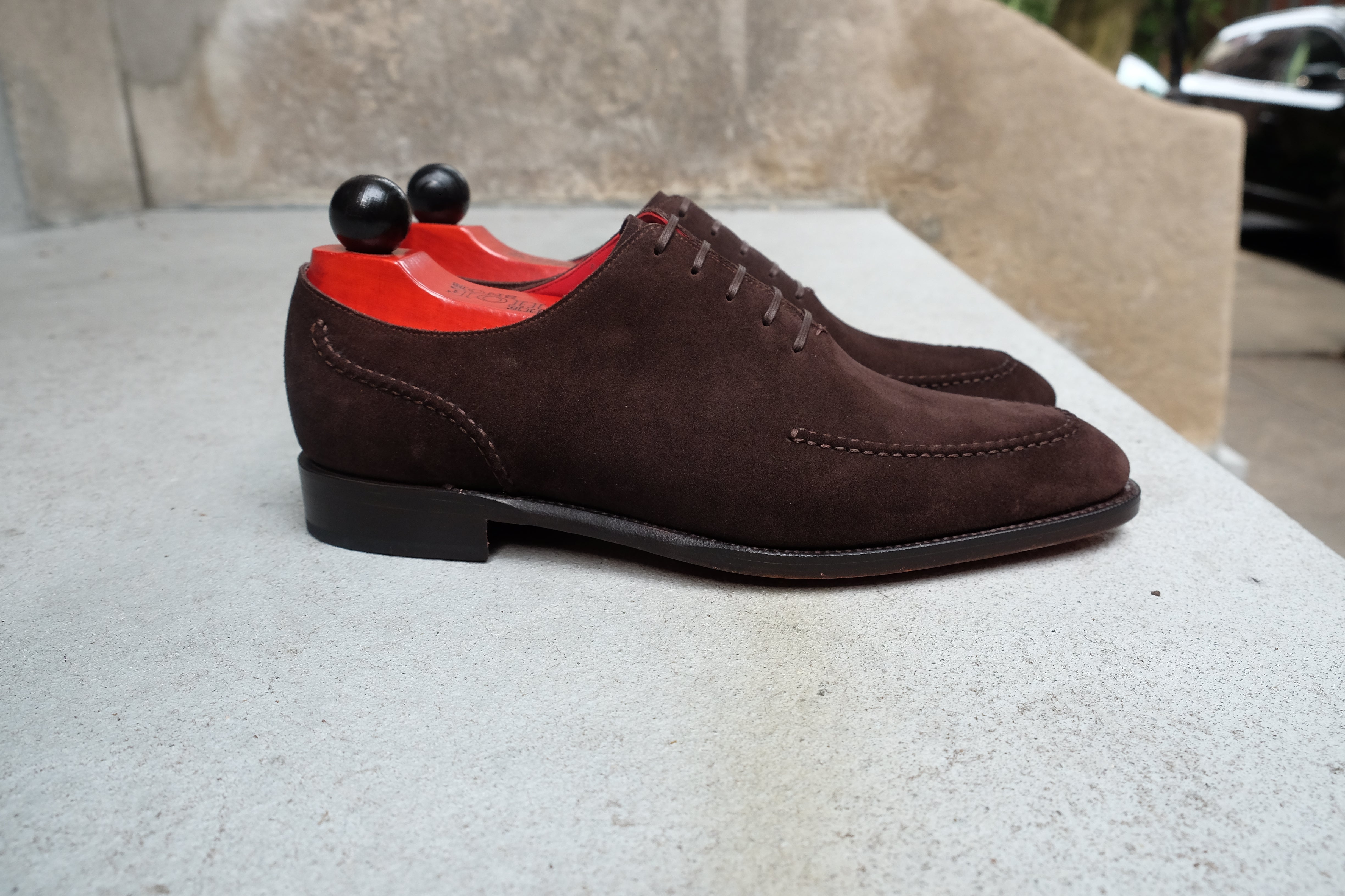 Whittier - MTO - Bitter Chocolate Suede - SEA Last - Single Leather Sole-Made To Order Wholecut Hand Stitched Oxfords-J.FitzPatrick Footwear