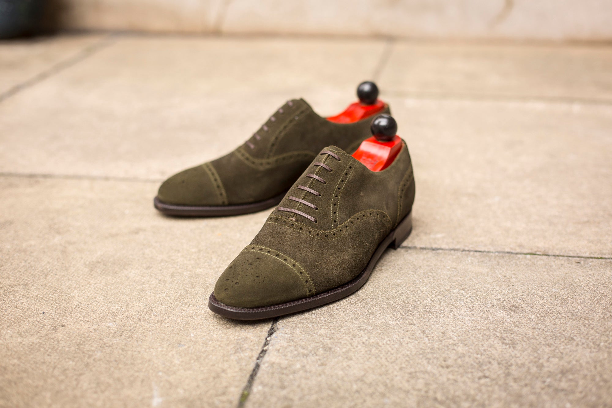Windermere - MTO - Dark Olive Suede - TMG Last - Single Leather Sole-Made To Order Captoe Cap Toe Medallion Brogue Oxfords-J.FitzPatrick Footwear