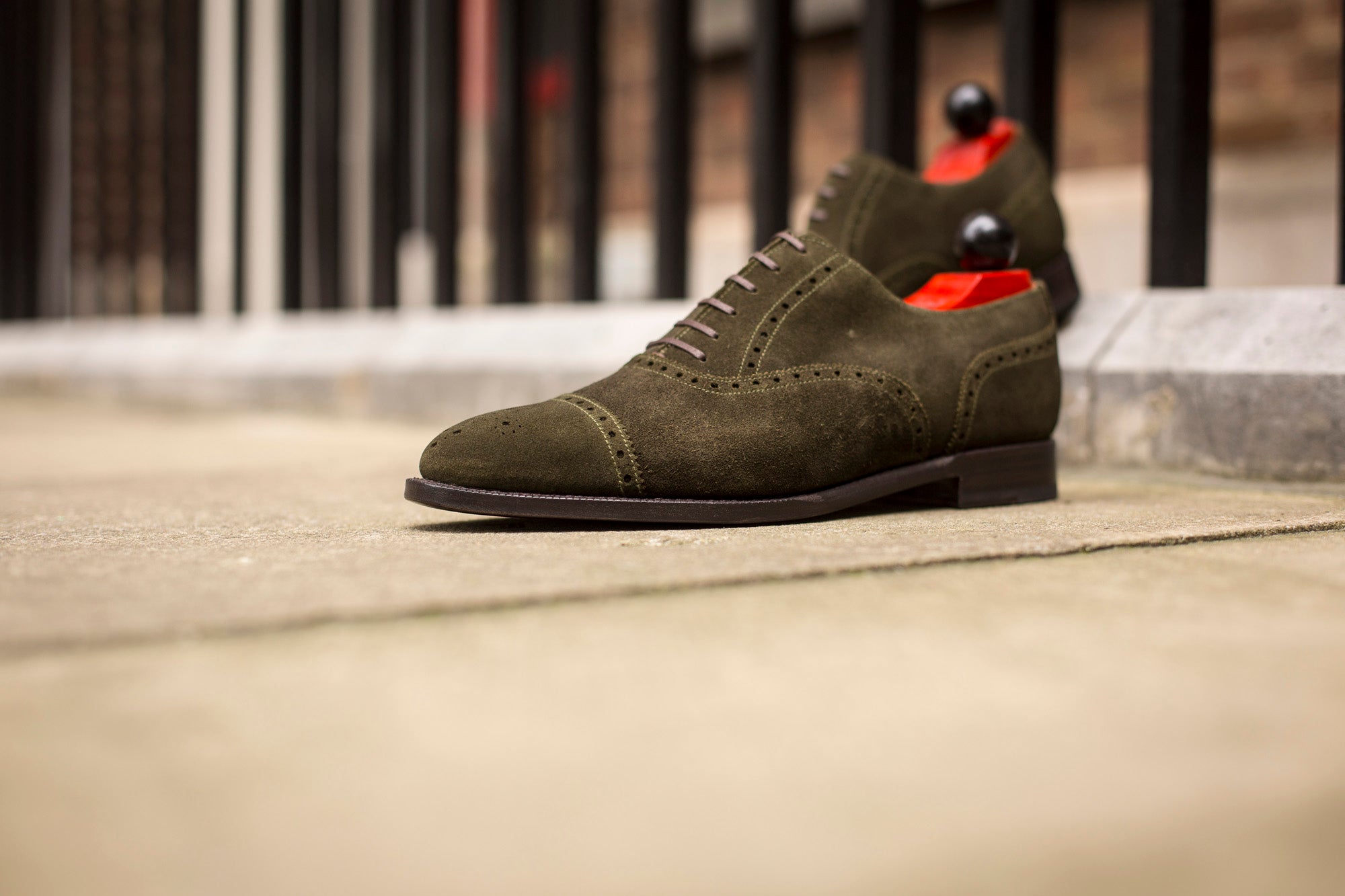 Windermere - MTO - Dark Olive Suede - TMG Last - Single Leather Sole-Made To Order Captoe Cap Toe Medallion Brogue Oxfords-J.FitzPatrick Footwear