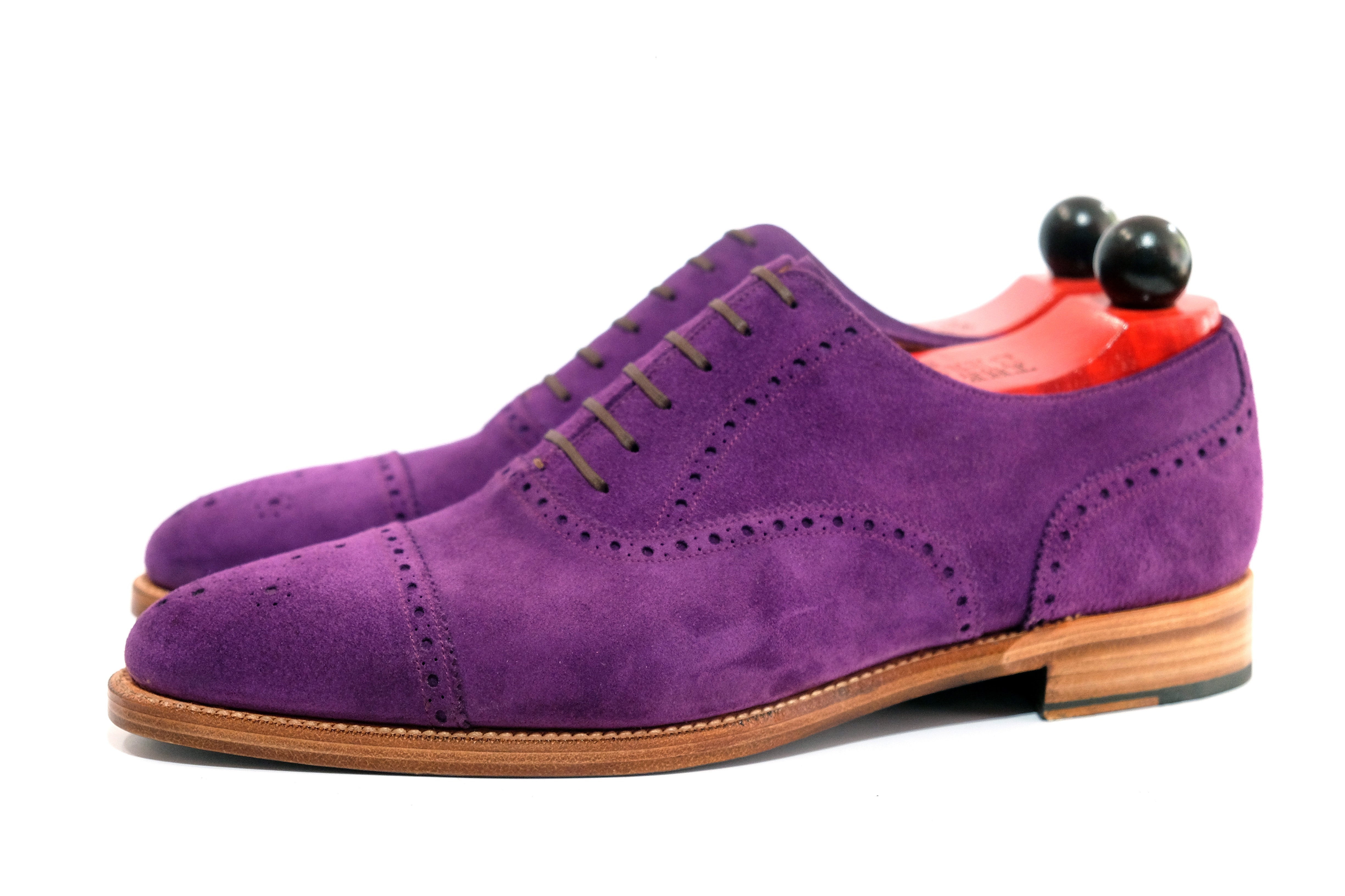 Windermere - MTO - Purple Suede / Natural Edge Trim - TMG Last - Double Leather Sole-Made To Order Captoe Cap Toe Medallion Brogue Oxfords-J.FitzPatrick Footwear
