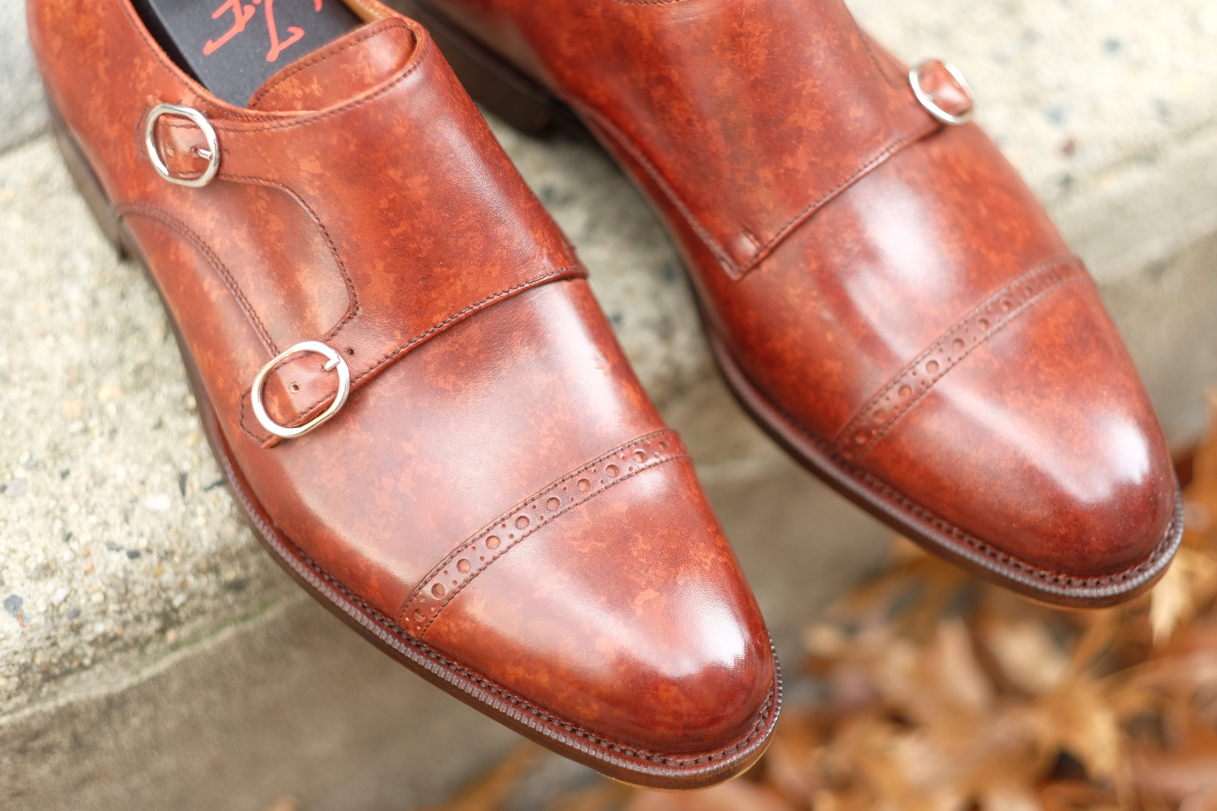 Woodland - MTO - Gold Marble Patina-Made To Order Double Monkstrap Cap Toe Brogue-J.FitzPatrick Footwear