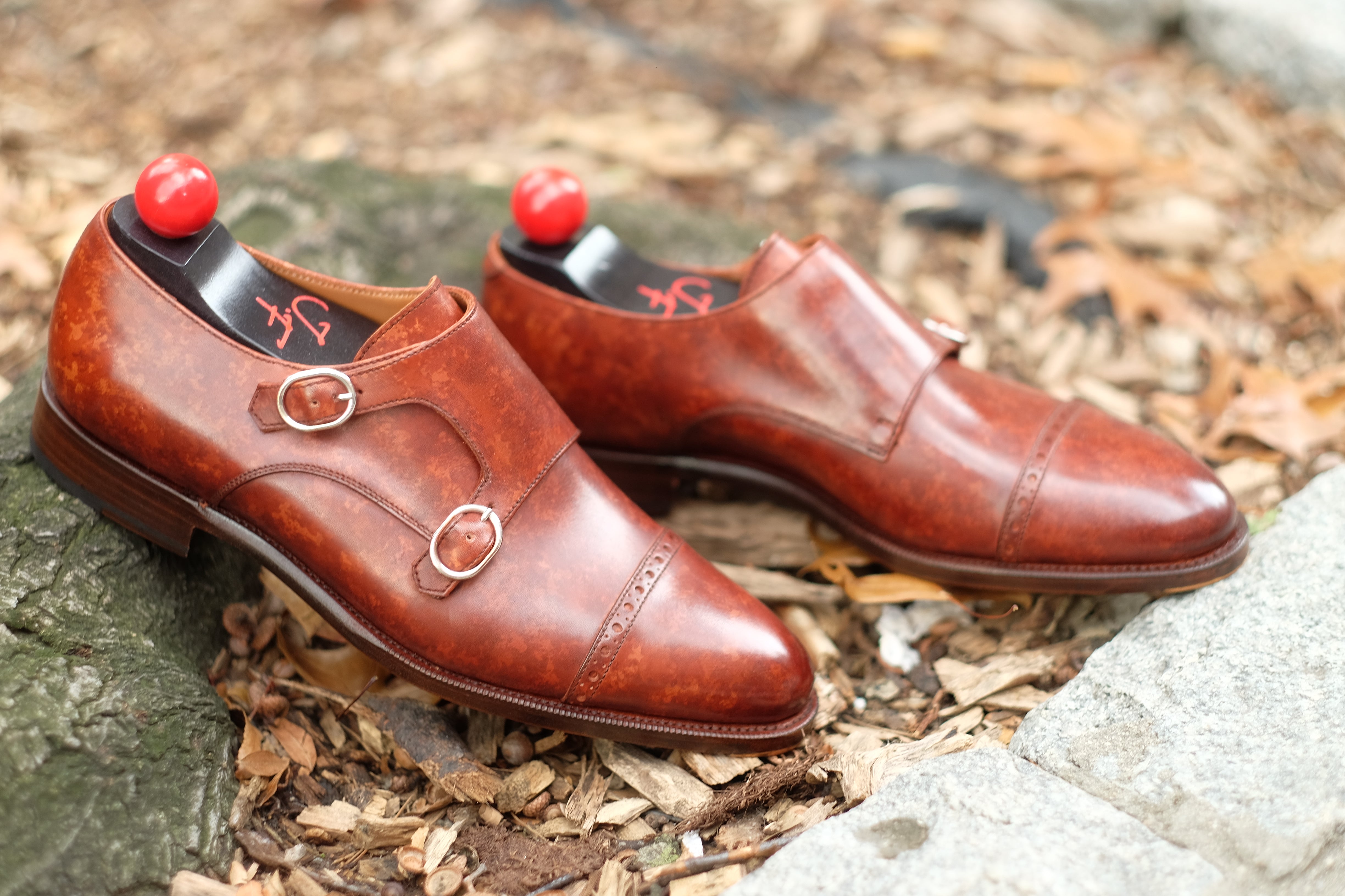 Woodland - MTO - Gold Marble Patina-Made To Order Double Monkstrap Cap Toe Brogue-J.FitzPatrick Footwear