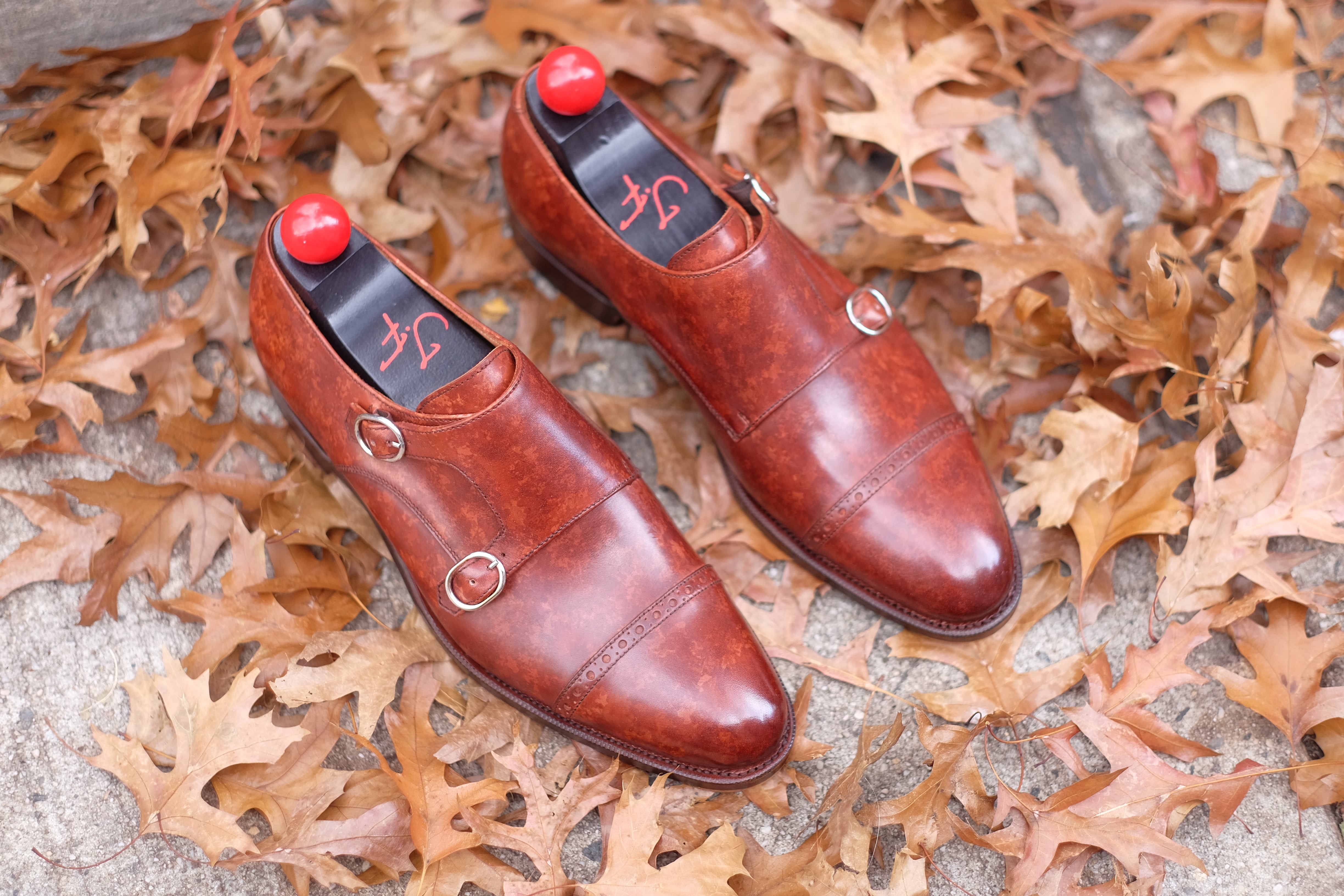 Woodland - MTO - Gold Marble Patina-Made To Order Double Monkstrap Cap Toe Brogue-J.FitzPatrick Footwear