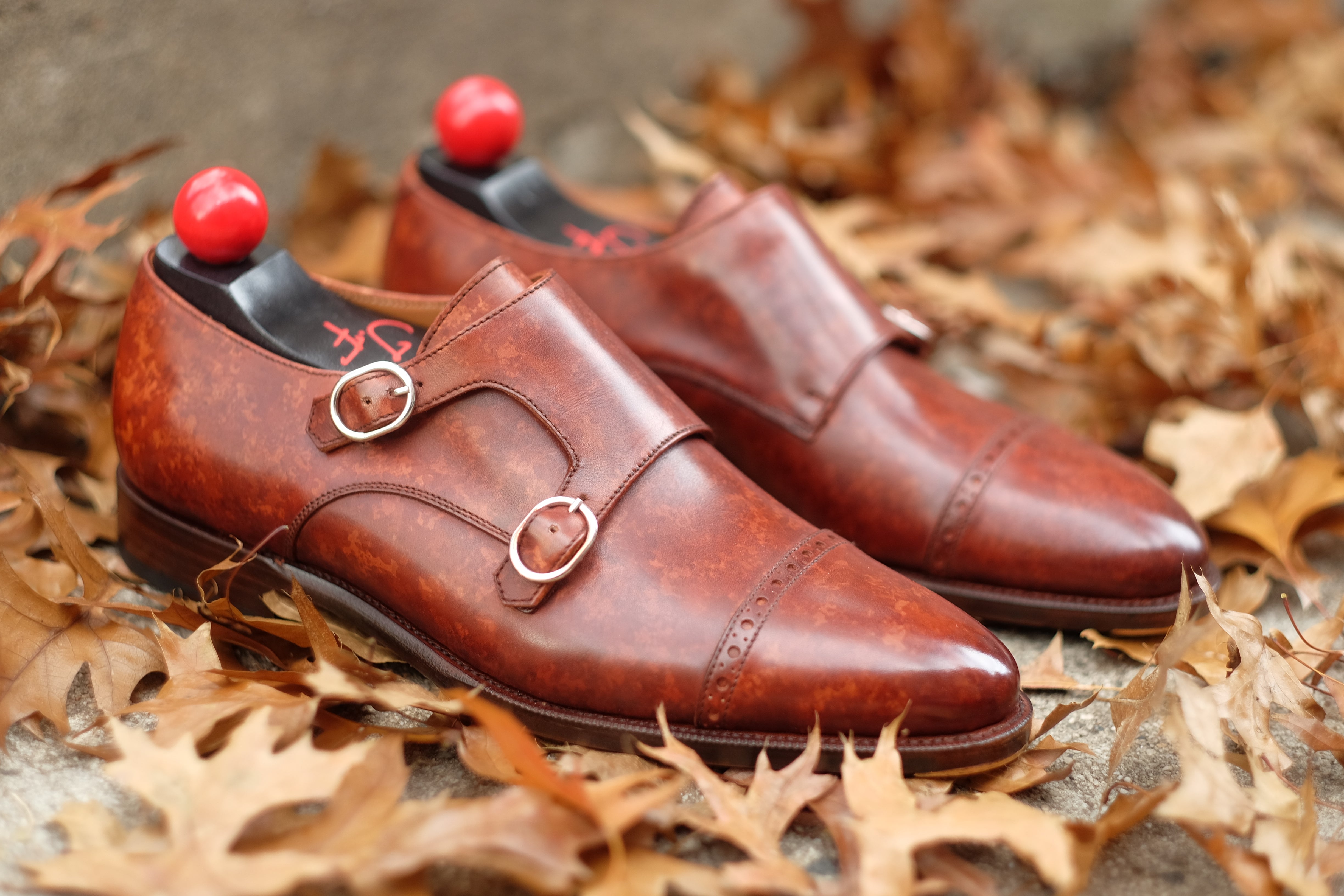 Woodland - MTO - Gold Marble Patina-Made To Order Double Monkstrap Cap Toe Brogue-J.FitzPatrick Footwear