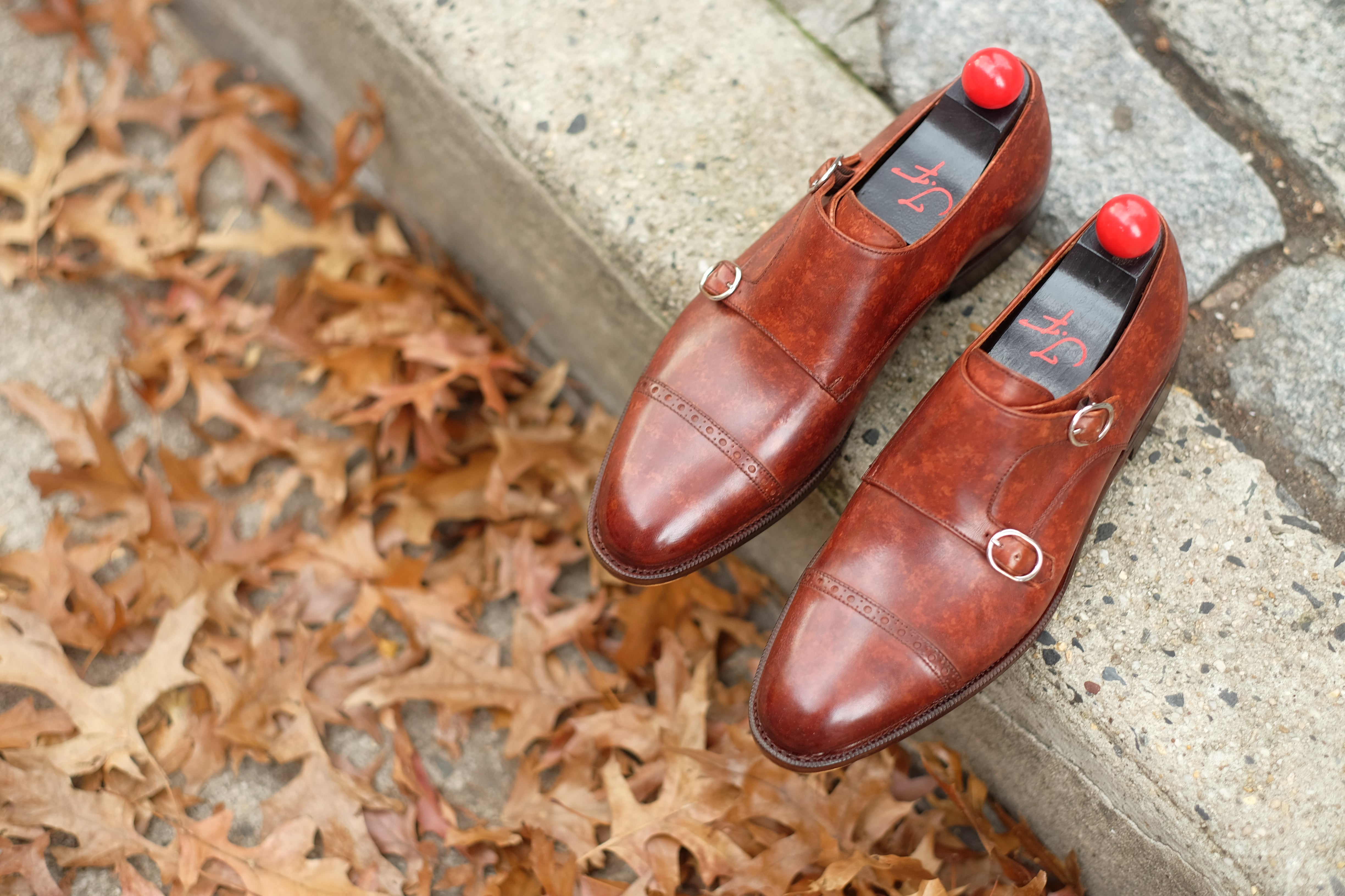 Woodland - MTO - Gold Marble Patina-Made To Order Double Monkstrap Cap Toe Brogue-J.FitzPatrick Footwear