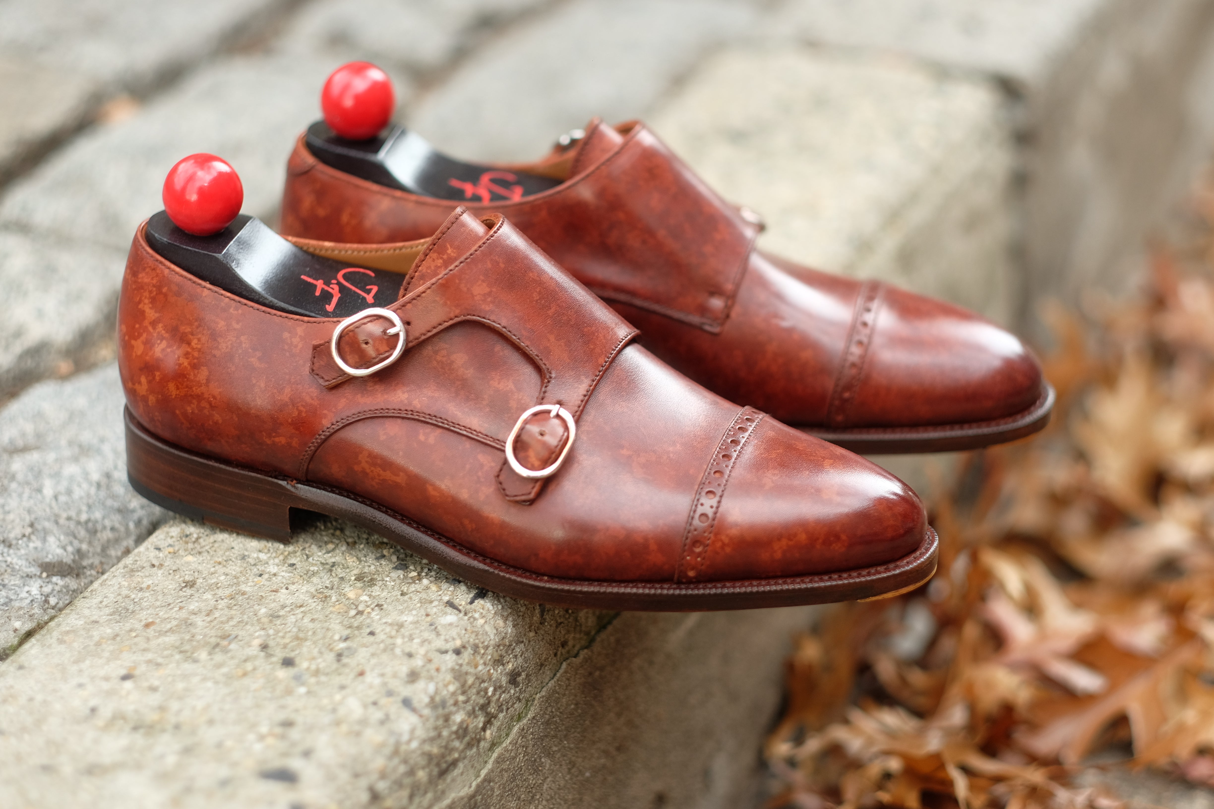 Woodland - MTO - Gold Marble Patina-Made To Order Double Monkstrap Cap Toe Brogue-J.FitzPatrick Footwear